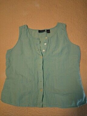 Liz Claiborne Lizsport Light Aqua Green Sleeveless Pintuck Linen Top, Size 12